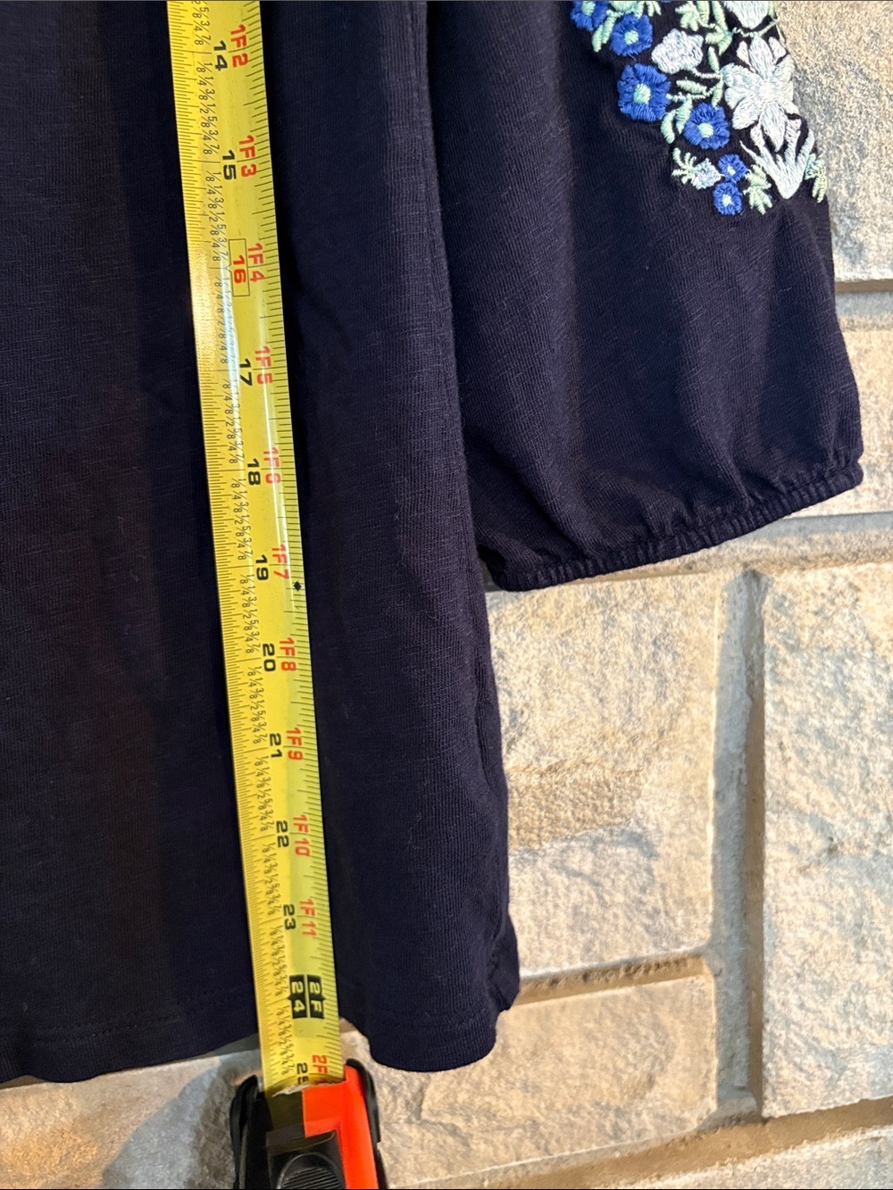 Talbots Navy Scoop Neck Long Sleeve Top with Blue & White Floral Embroidery - Picture 5 of 7